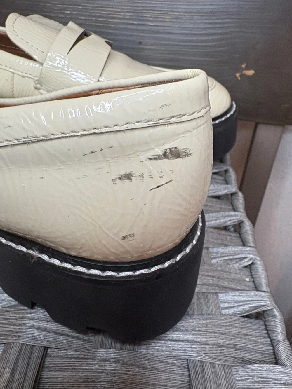 Franco Sarto Cream Patent Leather Lug Sole Penny Loafers